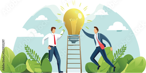 Creativity idea, solution or persuade success, climb up career ladder or business growth, improvement progress, personal development concept, businessman climb up ladder to reach lightbulb grow plant.