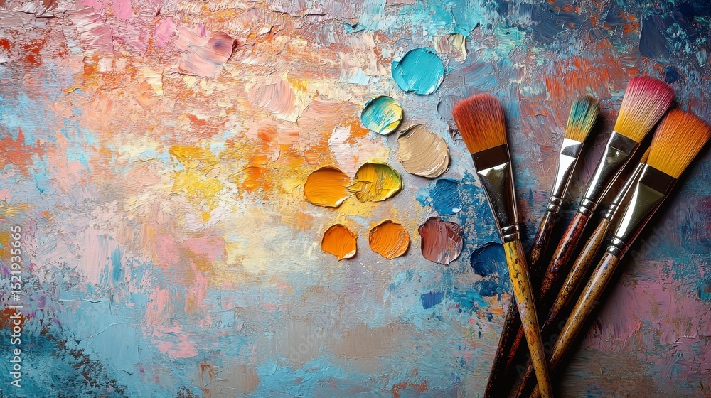 Fototapeta premium Colorful Palette with Paints and Brushes on Artistic Background