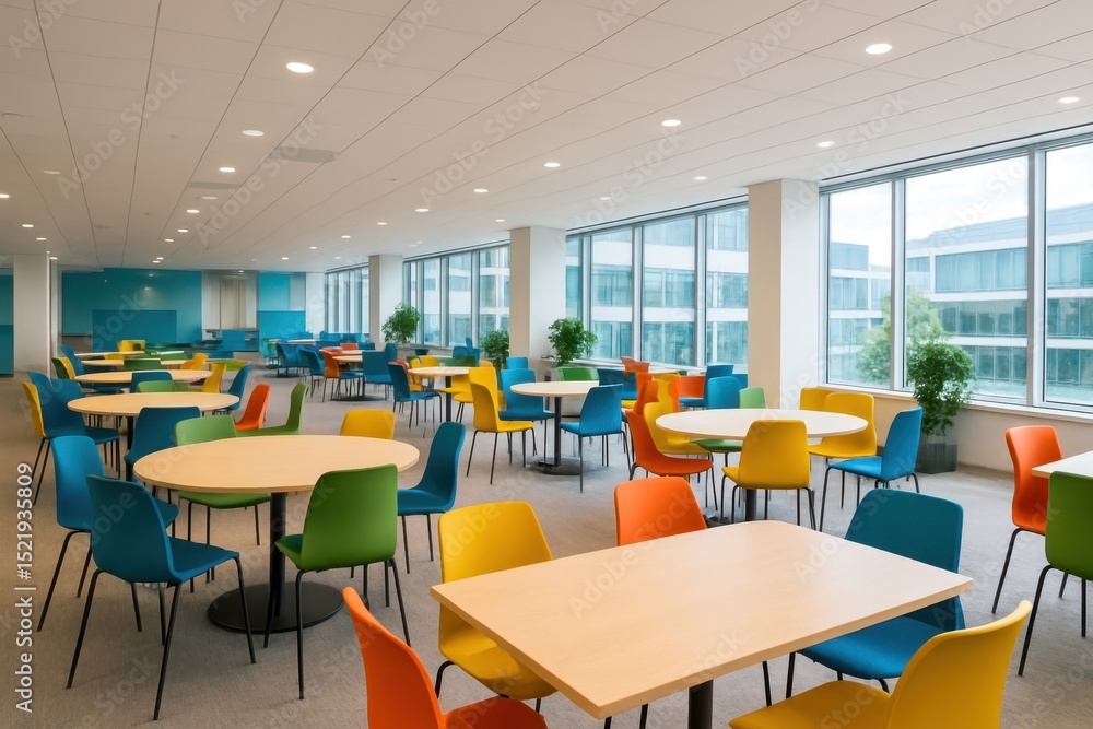 Bright and Modern Corporate Dining Room or Open Space Office Interior with Colorful Contemporary Furniture and Large Windows Bright and Modern Corporate Dining Room or Open Space Office Interior with Colorful Contemporary Furniture and Large Windows