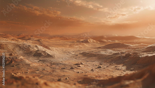 A fantasy view of the surface of Mars under the red light of sunset.