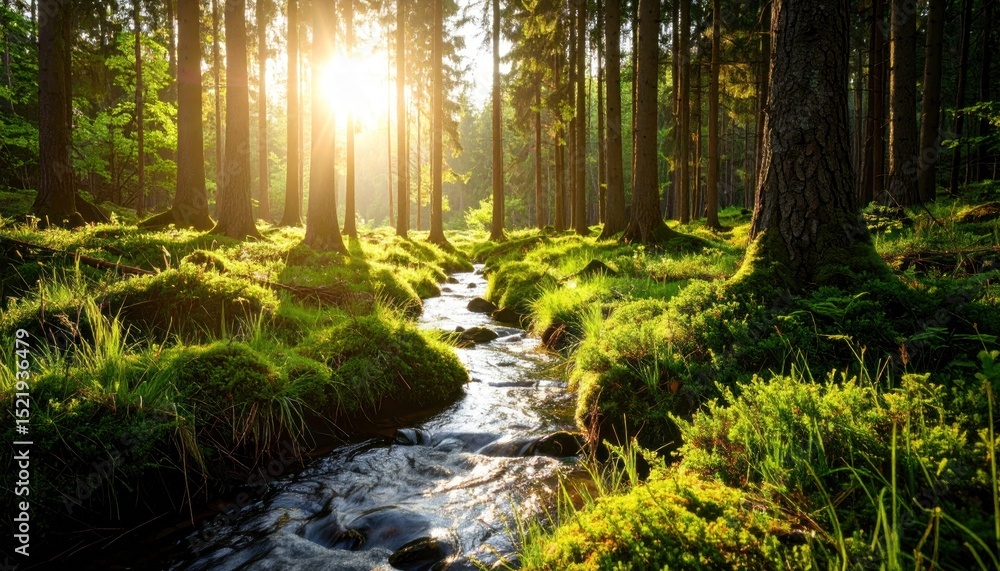 Obraz premium Enchanting forest stream bathed in golden sunlight creating a serene view