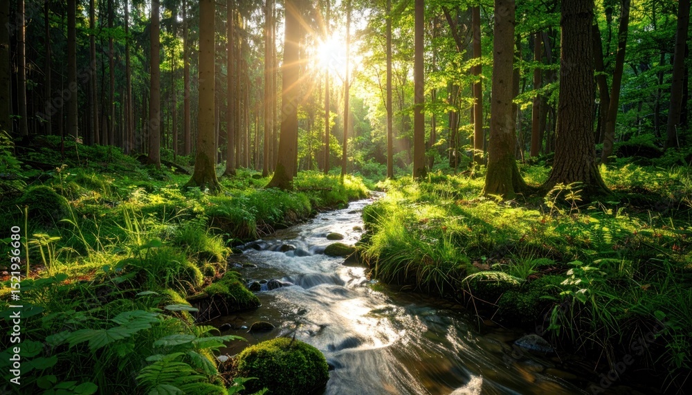 Fototapeta premium Enchanting forest scenery with sunlight streaming through trees and a flowing river