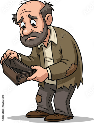 a sad and distressed older man with a beard and ragged clothes, holding out an empty wallet, symbolizing financial hardship, poverty, and homelessness