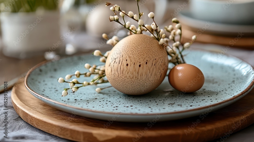 Fototapeta premium Decorative Eggs with Sprigs on a Rustic Table Setting