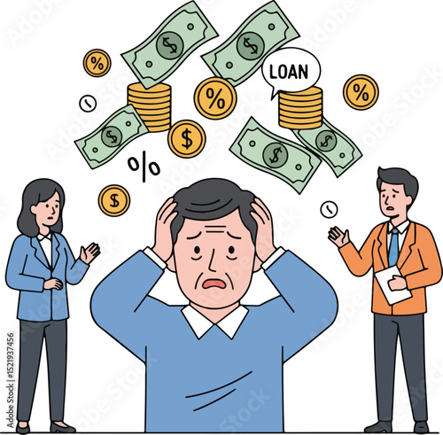 a distressed man holding his head, surrounded by money and loan symbols, with two other people seemingly discussing finances, symbolizing financial stress and debt issues.