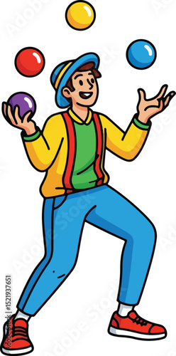 a man wearing a hat, enthusiastically juggling four colorful balls (red, green, blue, purple, yellow) in the air, symbolizing skill and a lively performance