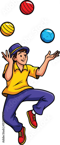 a man wearing a hat, enthusiastically juggling three colorful balls in the air, symbolizing skill and a lively performance