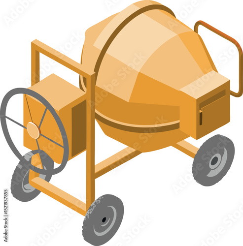 Lightweight portable mixer with yellow drum and black wheel presented in isometric projection.