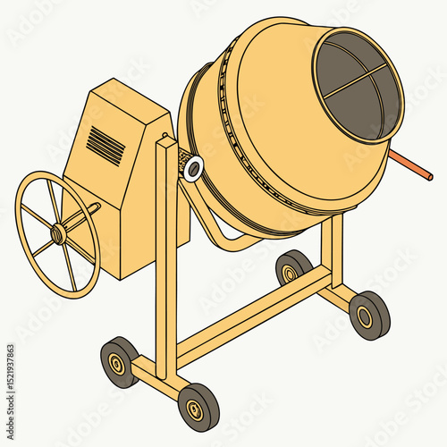 Yellow concrete mixer with black support wheel in isometric view for construction concept visuals.