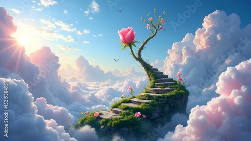 A surreal stone staircase winds through fluffy clouds toward a blossoming flower tree under a bright sky.