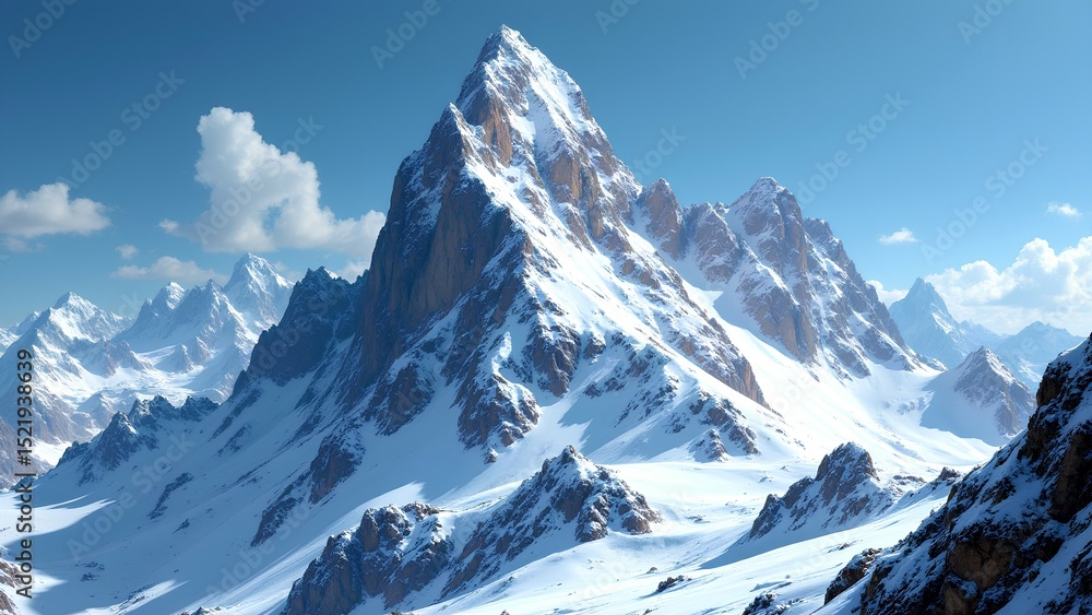 Obraz premium A towering snow-covered mountain peak rises dramatically under a clear blue sky, surrounded by rugged, snowy ridges.