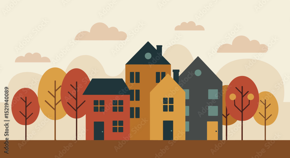 Flat illustration of suburban landscape with three houses and bare trees in autumn Flat illustration of suburban landscape with three houses and bare trees in autumn