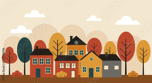 Four colorful houses in a suburban neighborhood during autumn
