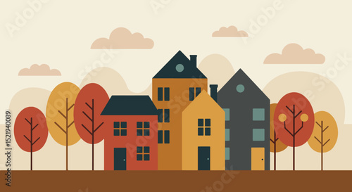 Flat illustration of suburban landscape with three houses and bare trees in autumn