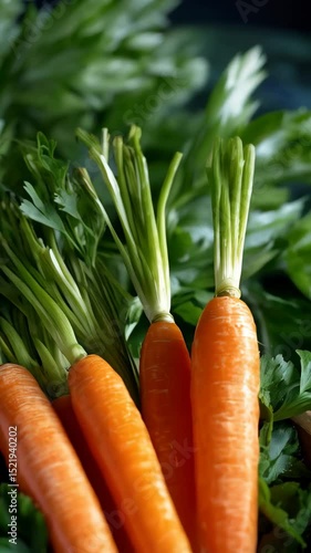 Fresh carrots with green tops nestled in a wooden bowl surrounded by leafy greens for healthy eating concepts.