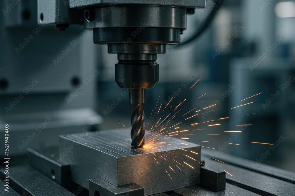 Close-up detailed shot of a CNC milling machine cutting head precisely shaping a piece of metal with sparks flying in a modern industrial workshop Close-up detailed shot of a CNC milling machine cutting head precisely shaping a piece of metal with sparks flying in a modern industrial workshop