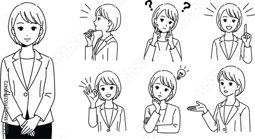 スーツ女性のジェスチャーポーズセット
