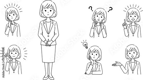 スーツ女性のジェスチャーポーズセット