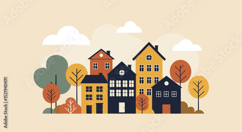 Row of five distinct houses with autumn trees in a tranquil neighborhood illustration