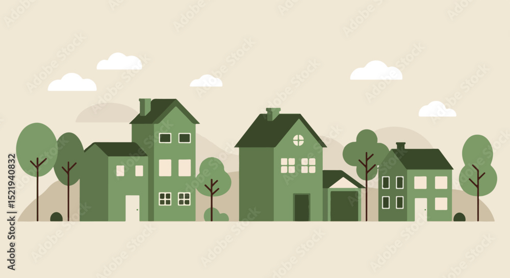 Fototapeta premium Flat design illustration of a row of green houses with trees in a peaceful neighborhood