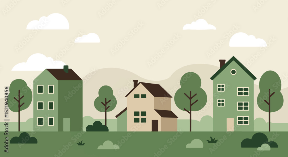Naklejka premium Flat illustration of three houses in a suburban neighborhood with rolling landscape