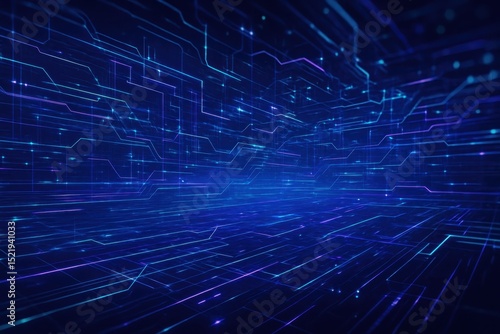 Futuristic abstract technology background with glowing blue and purple interconnected digital pathways and data streams representing innovation and modern concepts