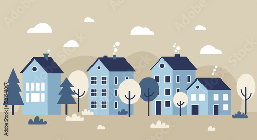 Flat design illustration of a suburban neighborhood with three houses and trees on a sunny day