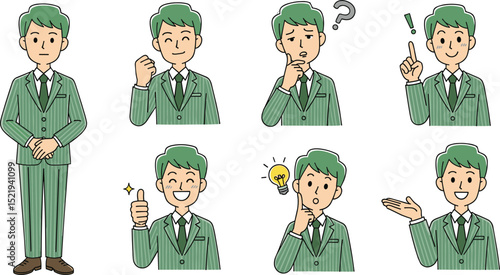 スーツ男性のジェスチャーポーズセット