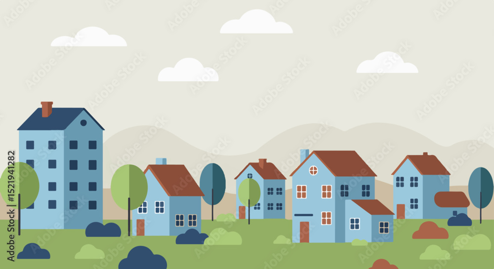 Fototapeta premium Suburban neighborhood with varied houses and rolling hills under a partly cloudy sky