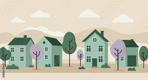 Flat illustration of three suburban houses with green roofs and purple trees