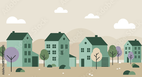 Flat illustration of a suburban neighborhood with green houses, rolling hills, and green and purple foliage