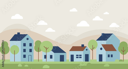 Row of houses in a suburban neighborhood with pastel-colored homes and green lawns