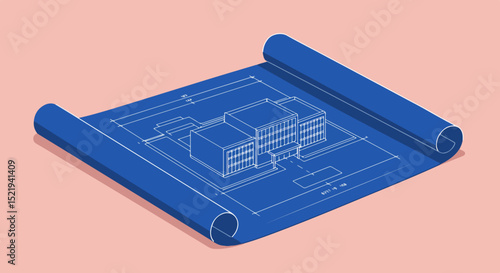 Architectural blueprint illustration of a multi-story building with a central courtyard on a pink background