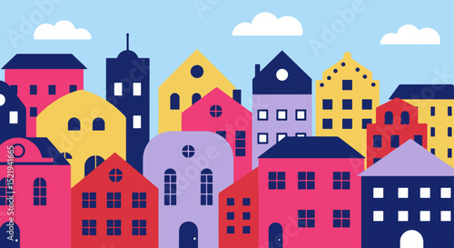 Flat illustrated cityscape with colorful buildings and blue sky