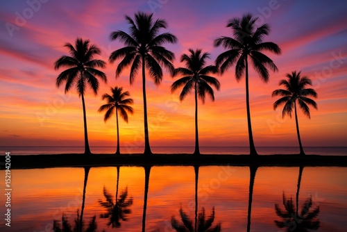 Tranquil silhouette of a row of tall palm trees against a vibrant tropical sunrise or sunset sky with hues of orange pink and purple reflecting on calm water below