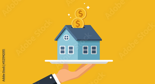 Flat-style cartoon house with floating dollar coins and stars on yellow background