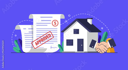 Illustration of approved document, house, and handshake with keys on purple background
