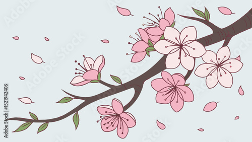 Delicate Cherry Blossom Branch with Falling Petals Illustrated Style