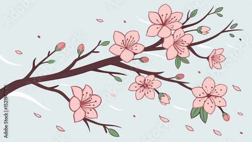 Stylized Cherry Blossom Branch with Pink Flowers and Buds Illustration