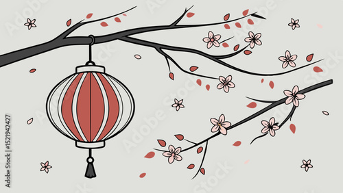 Decorative Lantern Hanging with Cherry Blossoms and Branches in Springtime