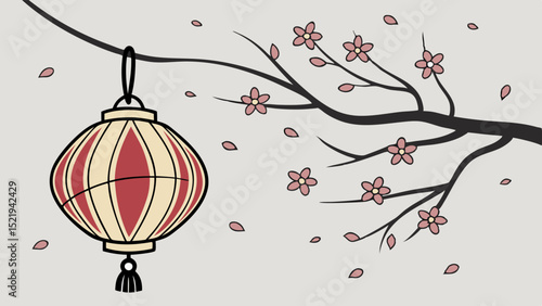 Stylized Asian Lantern and Cherry Blossom Branch Illustration with Falling Petals