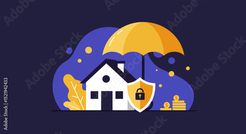 Minimalist house illustration with protection and security symbols