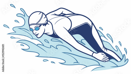 Streamlined swimmer with goggles gliding through water creating splashes and ripples