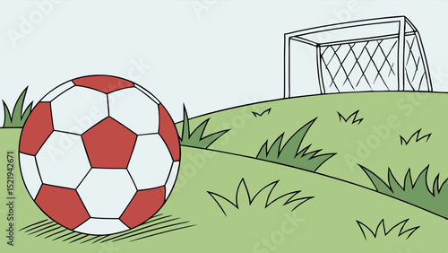 Cartoon soccer ball with red panels and a goal on a grassy field