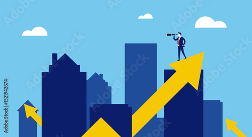 Male in suit atop yellow arrow with telescope surveying blue cityscape with buildings