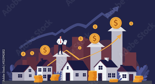 Businessman standing on house with document in urban scene with cityscape and upward trending graph