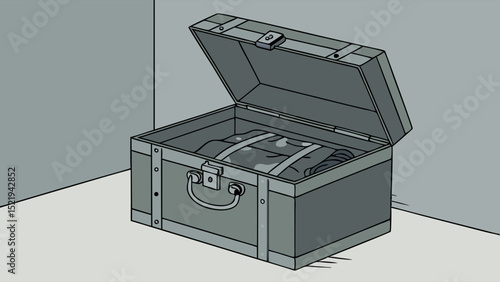 Open Vintage Metal Trunk Containing Wrapped Items
