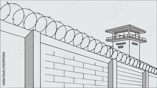Barbed Wire Fence and Watchtower Depicting Confinement and Security