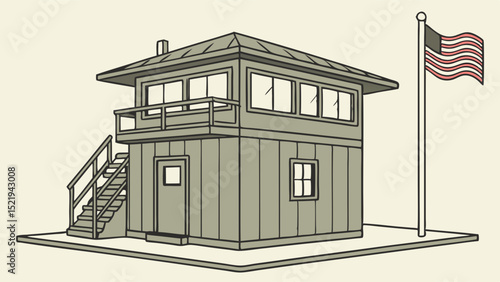 Stylized Watchtower with American Flag Featuring Balcony and Staircase