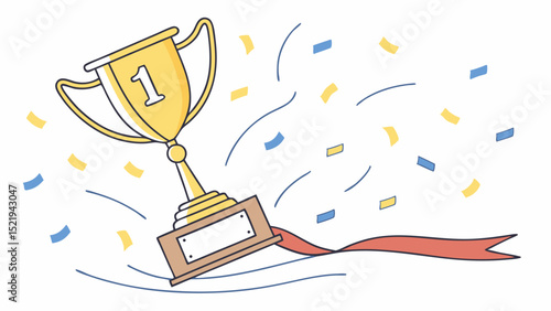 Golden Trophy with Number One Red Ribbon and Confetti Celebration